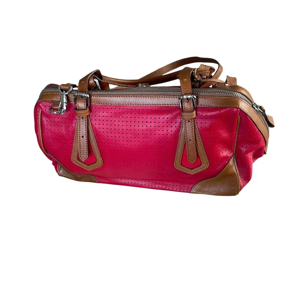Sundance Red Perforated Leather Satchel Handbag Purse Shoulder Strap Lock Italy‎